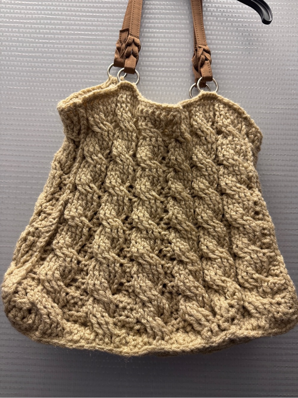 Hand-crochet Cable Tote Bag in Beige